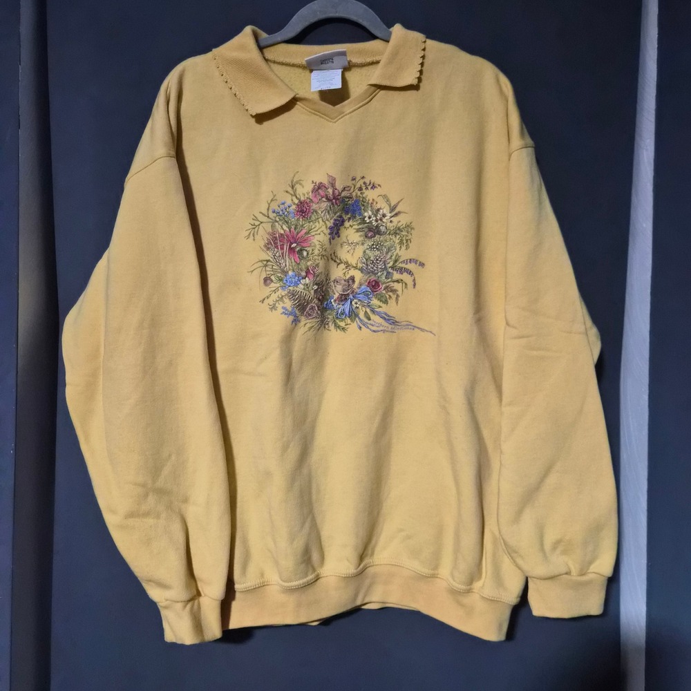 Northern Reflections Vintage Yellow Floral Bird Wreath Collared Sweatshirt XL